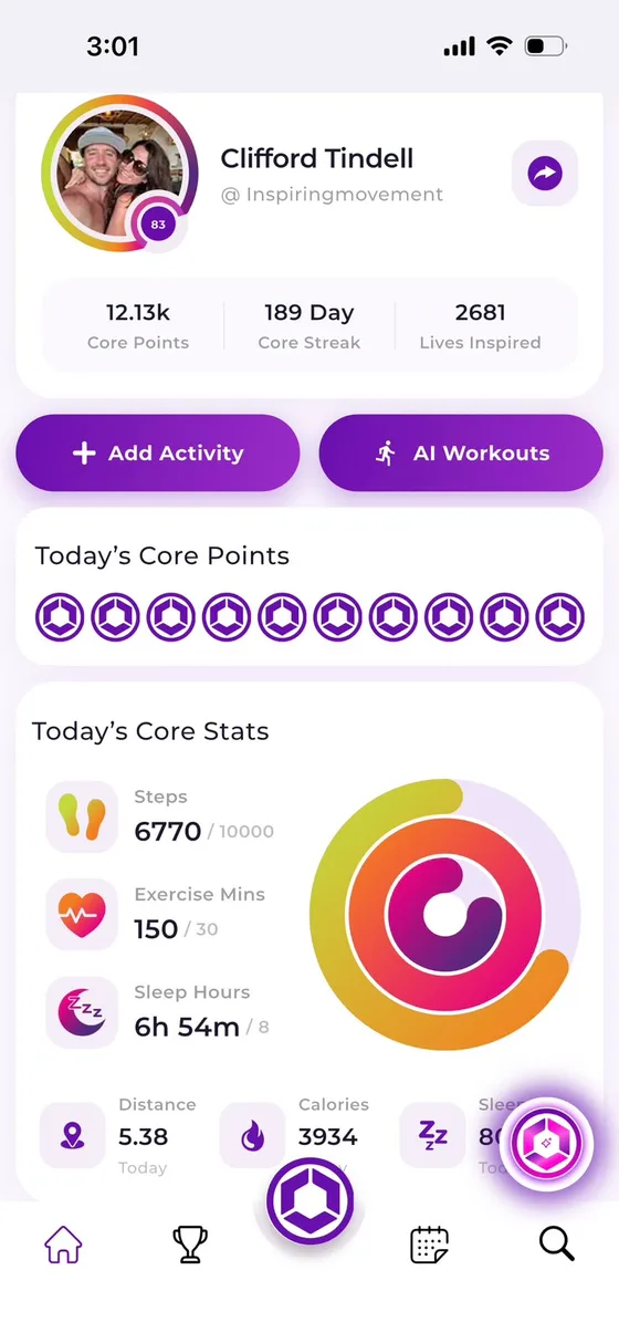 The Core Direction app home screen — personal transformation, activity and community